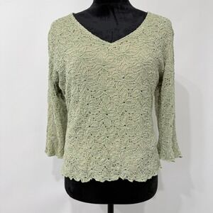 Studio 1940 Sage Green Floral Lace V Neck Top Womens L‎ Lettuce Hem Stretch